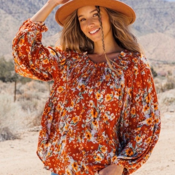 Bohemian Off the Shoulder Rust Orange Floral Top | Lightweight & Stylish - Picture 1 of 6